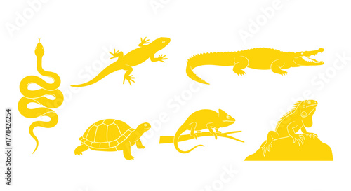 Vibrant yellow reptiles set, perfect for a modern design project or educational content featuring snake, lizard, alligator, turtle, chameleon, and iguana