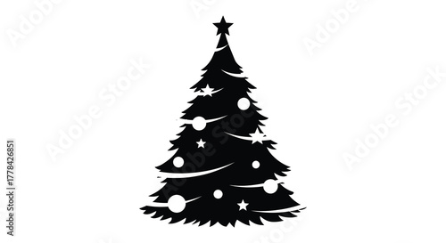 Silhouette of a decorated christmas tree with ornaments and a star on top against a white background