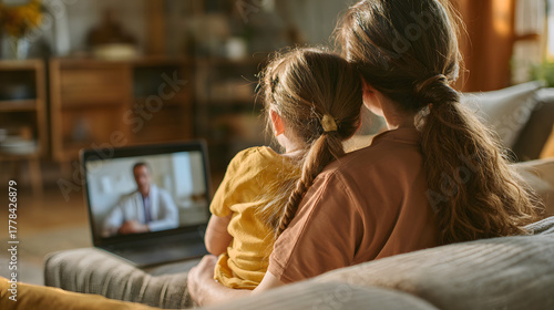 A mother and daughter sit on a couch and video chat with a doctor via laptop in the living room. Background illustration of an online consultation with a doctor.