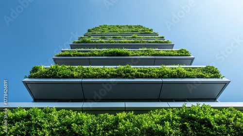 Sustainability environment policy concept. Modern green building with vertical gardens reaching toward a clear sky.