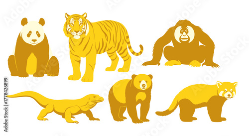 Vibrant collection of stylized jungle animals including a tiger, panda, orangutan, bear, red panda, and lizard in a striking golden palette