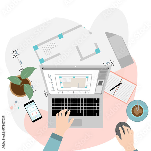 Flat vector of architect or engineer designing floor plan on laptop. Modern workspace with coffee and smartphone, representing creativity and digital design process.