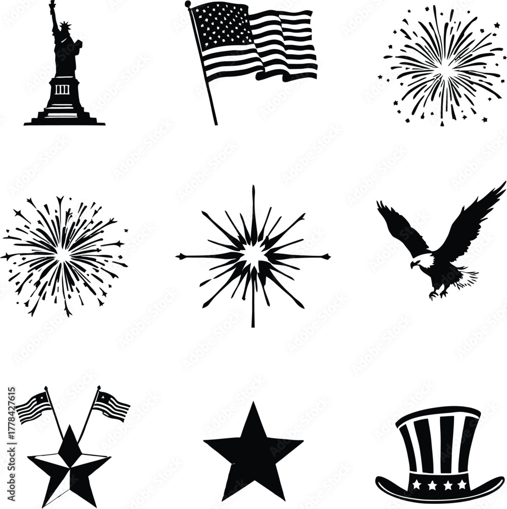 Fototapeta premium Black and white patriotic icons including statue of liberty flag fireworks and eagle silhouette