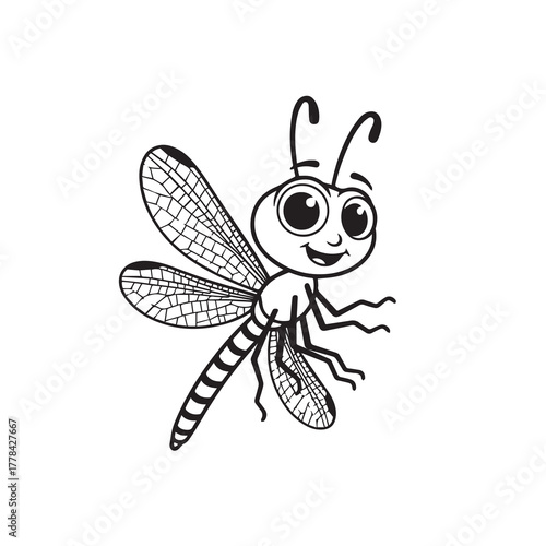 Black and white line drawing shows a cute dragonfly smiling softly on white, kids, coloring page,  book , printable, easy, coloring, pages,