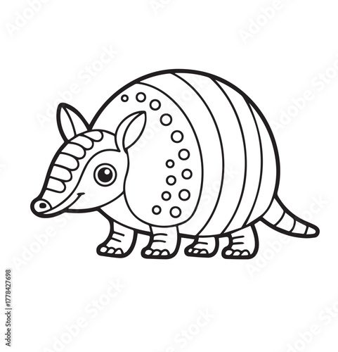 An adorable cartoon armadillo with stripes and spots poses cheerfully ,kids, coloring page,  book , printable, easy, coloring, pages,