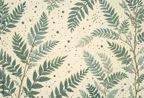 Wallpaper Mural Sage Green Fern Block Print on Beige. Minimal Botanical Eco-Inspired Pattern Torontodigital.ca