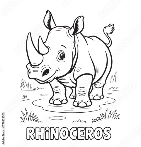 Hand drawn cheerful rhinoceros stands happily in black and white outline style, kids, coloring page,  book , printable, easy, coloring, pages,