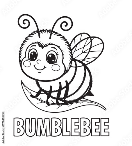 Smiling cartoon bumblebee rests on leaf in a charming monochrome sketch for kids, kids, coloring page,  book , printable, easy, coloring, pages,