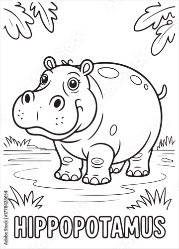 Smiling cartoon hippopotamus stands in the water near grass and leaves, ready to be colored, kids, coloring page,  book , printable, easy, coloring, pages,