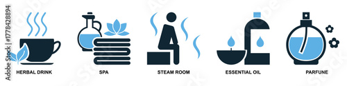 Set spa and beauty icon vector. Collection for wellness, cosmetics, and luxury relaxation themes. Features graphics for salon services, body care, and pampering treatments.