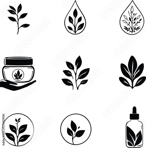 Collection of botanical icons featuring leaves drops and beauty products in black and white style