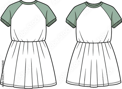Casual raglan sleeve dress CAD drawing, flat vector illustration, front and back fashion technical sketch, comfy garment template design style.