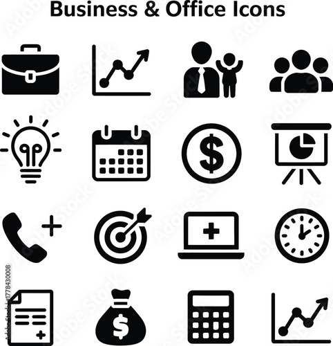 Collection of sixteen different business and office related icons in a square format layout