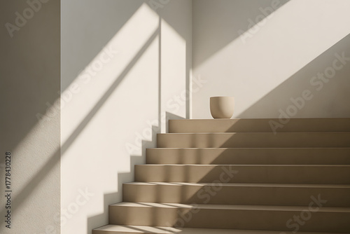 Minimal Home Design – Staircase Light Pattern and Sharp Step Shadows with Clean White Wall and Planter