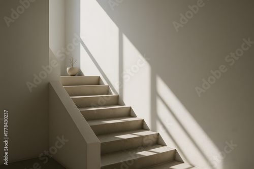 Interior Staircase with Strong Angular Sunlight Creating Crisp Step Shadows on White Wall in Minimal Composition