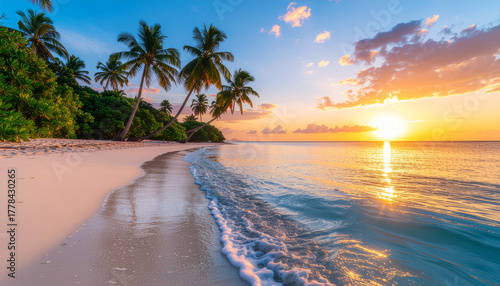 Fototapeta Naklejka Na Ścianę i Meble -  A vibrant sunset over a secluded Maldivian beach with pristine white sand, gentle ocean waves, and silhouettes of leaning palm trees.