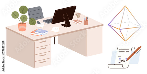 Office desk with computer, books, notepad, plant, and a geometric 3D shape. Pen signing document emphasizes skills, planning and creation. Ideal for work education productivity or design. Simple