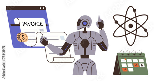 Robot holding invoices, atom structure, and calendar. Ideal for automation, finance, technology, science, data organization productivity. A simple flat metaphor