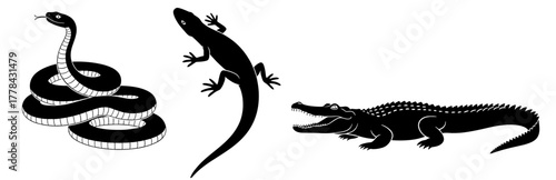 Striking collection of reptiles showcasing a coiled snake, sleek lizard, and powerful crocodile, perfect for nature enthusiasts and wildlife projects