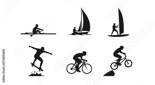 Dynamic silhouettes showcase thrilling outdoor sports adventures like kayaking sailing windsurfing skateboarding cycling and mountain biking