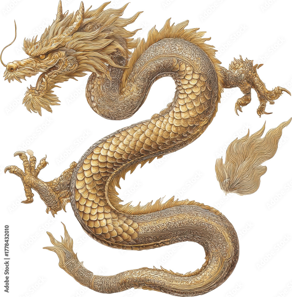 Obraz premium Golden chinese dragon illustration, mythical beast cultural symbol