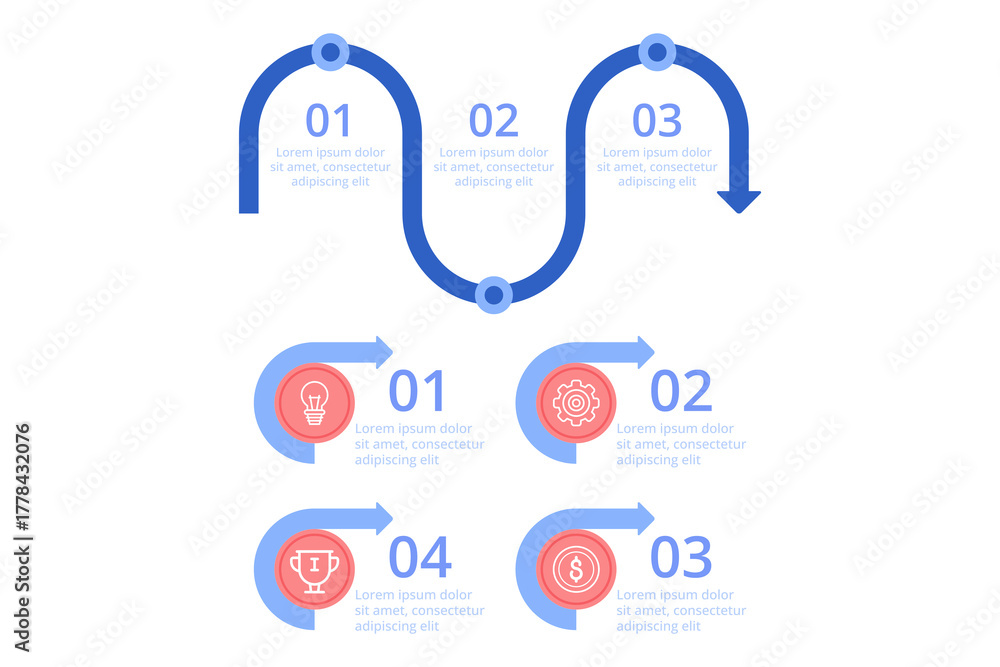 Naklejka premium Infographic set visually organizing data into steps, utilizing icons and arrows to guide viewers through straightforward process, enhancing comprehension of key information easily