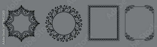 Set of decorative frames Elegant vector element for design in Eastern style, place for text. Floral black and gray borders. Lace illustration for invitations and greeting cards