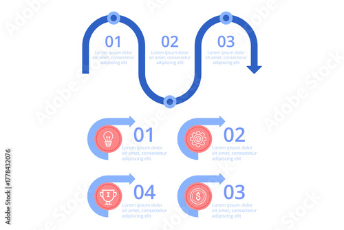 Infographic set visually organizing data into steps, utilizing icons and arrows to guide viewers through straightforward process, enhancing comprehension of key information easily
