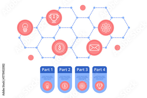 Infographic illustrating structured set of four parts, highlighting topics like ideas, achievements, finance, and communication