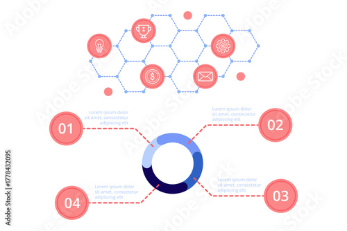 Infographic displaying interconnected data points including light bulbs, dollar signs, and emails. Information organized into sections with numbered elements for clarity