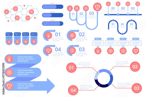 Infographic set presenting various data flows and process steps using visuals. Charts, arrows, and icons highlighting different parts and stages of information management
