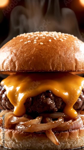 Sizzling Gourmet Cheeseburger with Melting Cheese and Caramelized Onions