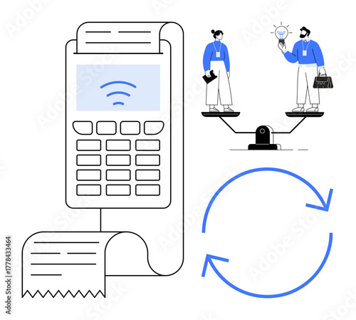 Payment terminal with receipt, people weighing innovation versus practicality on scales, circular arrow. Ideal for finance, business strategy, innovation, decision-making, balance, teamwork payment