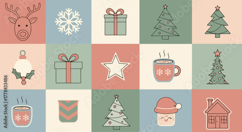 Scandinavian Christmas Patchwork Vector Pattern – Cozy Holiday Icons, Hygge Pastel Geometric Design
