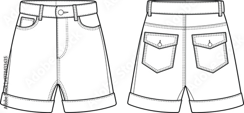 denim shorts technical flat sketch, vector CAD drawing, front and back view, fashion template, apparel design, detailed jeans illustration