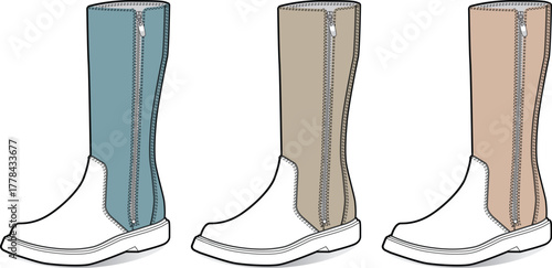 Set of modern fashion boots with side zippers, showcased in three different color variations. Vector footwear illustration isolated on a white background