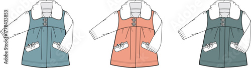 Children's fashion A trio of cartoon-style dresses, showcasing design variations in color and pocket details