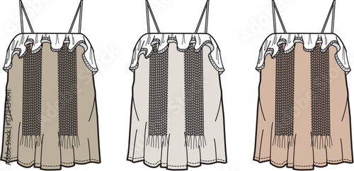 Fashion illustration of three strappy tops with a textured hemline, rendered in muted earth tones