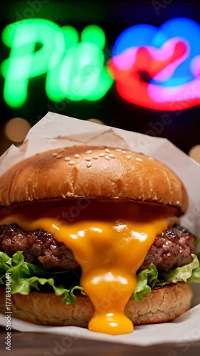 Delicious cheeseburger with melting cheese and fresh greens under neon lights
