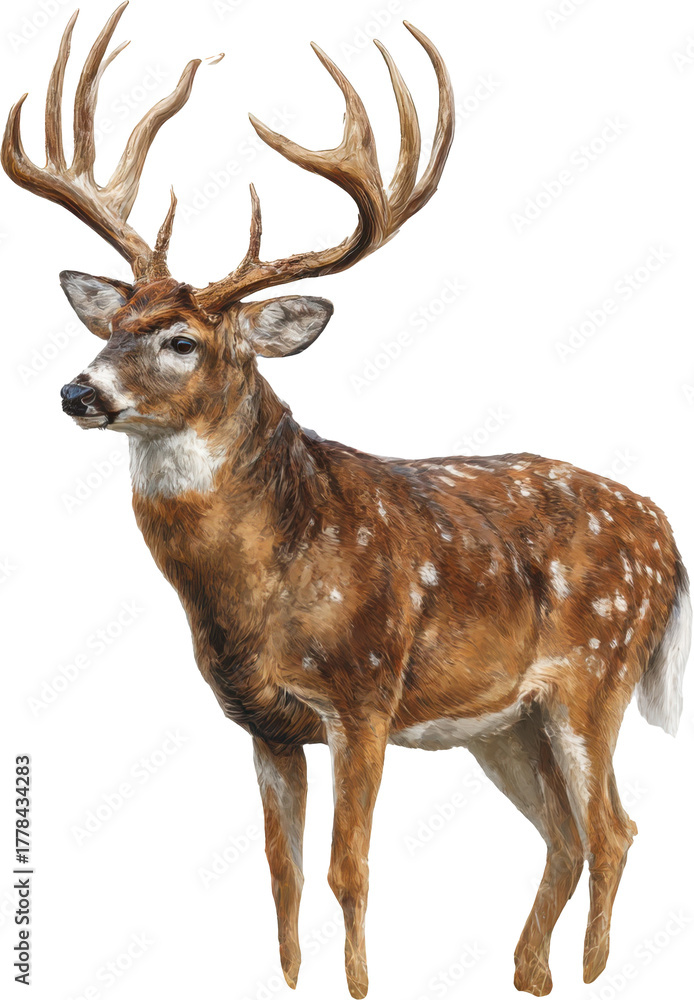 Fototapeta premium Elegant deer with prominent antlers and distinctive spotted coat.