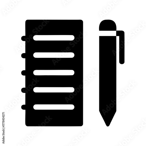 Black and white icon illustration of a notebook with a pen placed beside
