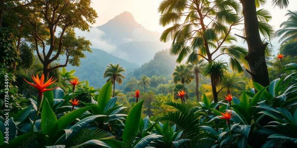 Fototapeta premium Lush Tropical Jungle Landscape with Exotic Flowers and Majestic Mountains Under Soft Morning Light