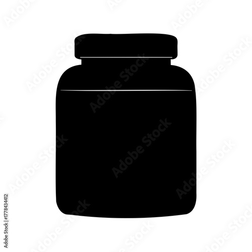 Black silhouette of a protein powder container isolated on white background