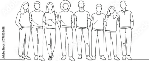 Diverse group of young adults standing together, casual clothing, unity, friendship, teamwork, modern lifestyle, minimal line art, community, positivity, support.