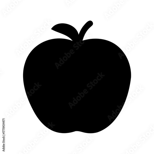 Simple black silhouette of an apple with leaf and stem, isolated on white