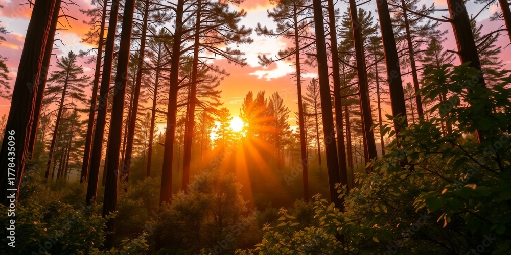 Obraz premium Serene Sunset Behind Tall Pine Trees Illuminating a Forest Landscape with Vibrant Orange and Purple Sky