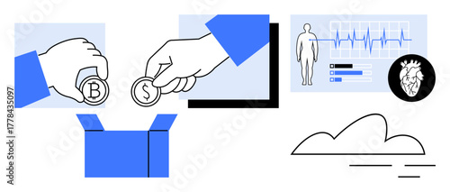 Hands place coins into box, medical health data with heart, cloud outline. Ideal for healthcare donations, charity, crowdfunding, financial aid, health support, cloud storage simple flat metaphor