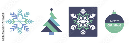 Christmas vector icons set with snowflakes Christmas tree and bauble in cool blue and green colors
