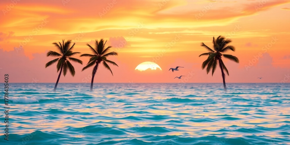 Fototapeta premium Tranquil Sunset Over Water with Silhouetted Palm Trees and Gentle Waves in Warm Tropical Colors