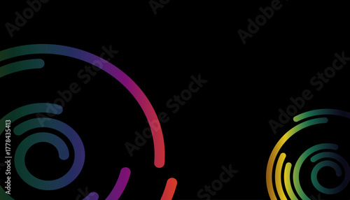 Minimal rainbow spiral graphic corners. Modern abstract background featuring vibrant multicolor swirls and glowing circular arc design on deep black.